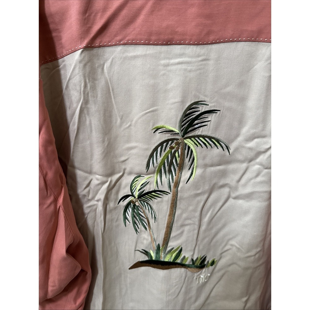 Tiki Classics Hawaiian Shirt XXL 100% Silk Palm Tree Orange Coral Tan